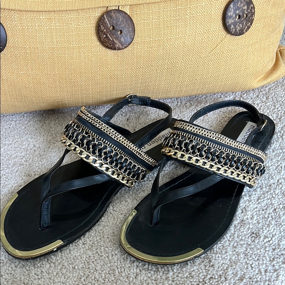 Madden Girl Black and Gold Sandals with Chain Embellishment